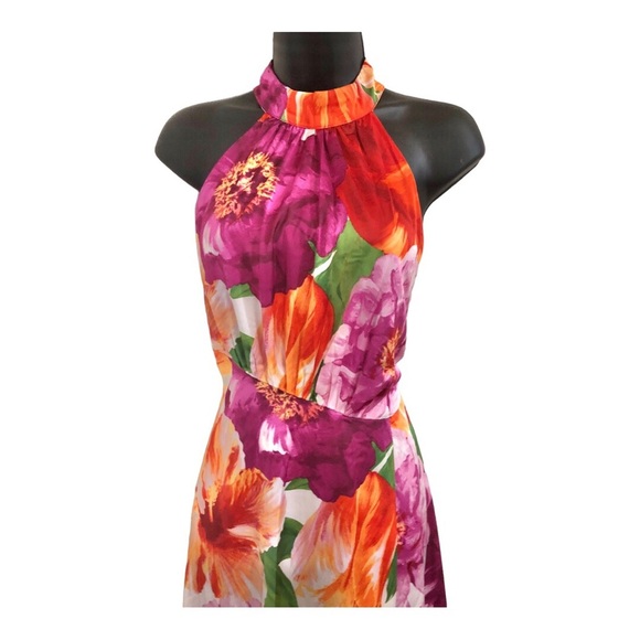 Maggy London pink tropical floral print asymmetrical flowy halter dress size 6 - Picture 6 of 16